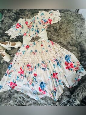 Reba Ivory Floral Party Dress with Pink & Blue Accents